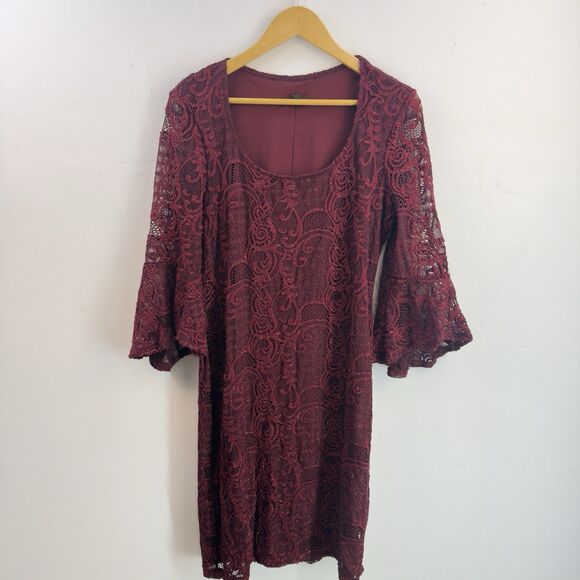MARINA Dresses & Skirts - Marina Dress 14 Wine Stretch Lace Wedding Party Round Neck 3/4 Sleeve